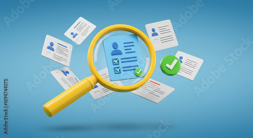 A magnifying glass focuses on a resume amidst other resumes, highlighting the job search process.