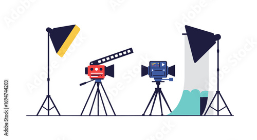Film studio equipment: vintage cameras, tripods, and lighting setup for creative projects
