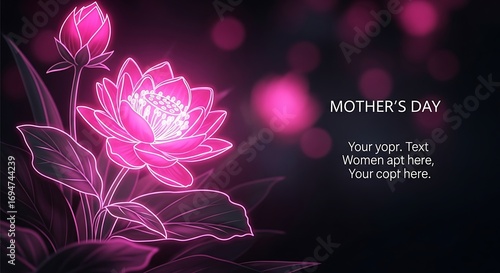 Vibrant pink neon lotus flower design against a dark backdrop, perfect for a Mother's Day greeting card or similar celebration.