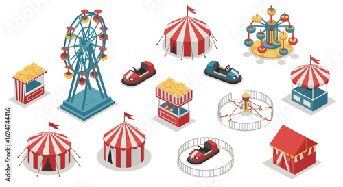 Isometric carnival fun: ferris wheel, tents, and bumper cars in a vibrant fairground scene