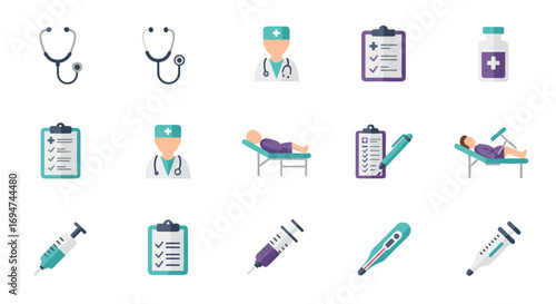 Medical icon set: doctors, equipment, and checklists in flat design