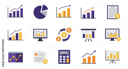 Growth charts and financial tools in a modern flat design set
