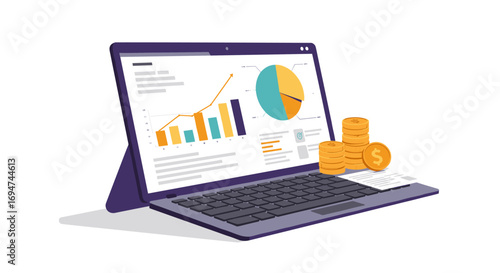 Isometric laptop displaying financial charts with coins and documents on white background