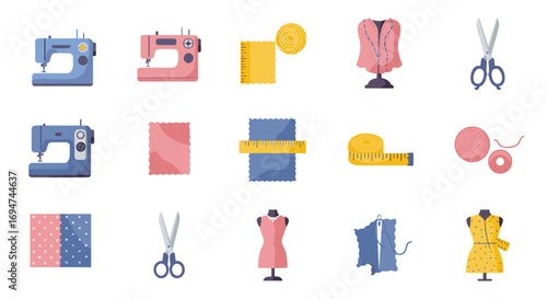 Sewing equipment icons featuring machines, mannequins, and fabric tools in flat pastel colors