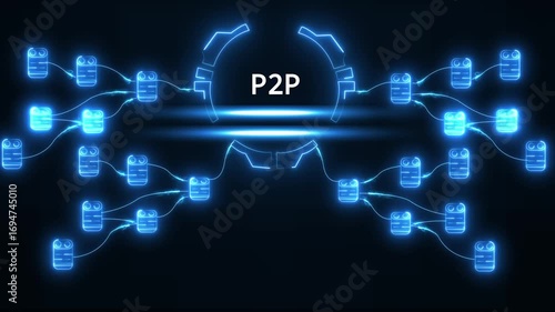 P2 P Network Connection Nodes Decentralized System Data Transfer Technology Futuristic Digital Abstract Blue Neon Glow