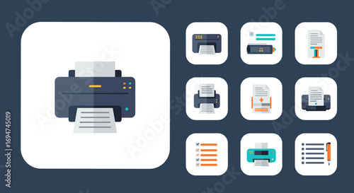 Modern digital printers and office equipment in flat design icons