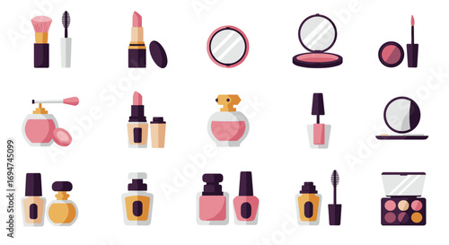 Makeup essentials collection with lipsticks and perfume in flat style