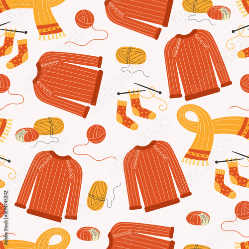 Seamless Pattern Knitted Items Yarn Scarves Socks Flat Cozy Autumn Hobby