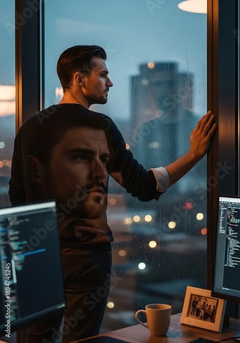 A man stands by a window at night, gazing out at the city lights, while illuminated by the glow of a computer screen.