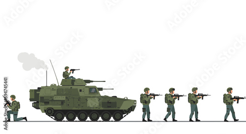 Military armored vehicle and soldiers in combat formation illustration