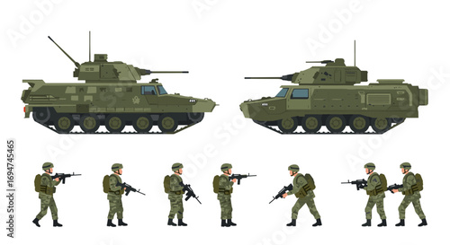Military tanks and soldiers in flat design