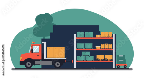Logistics truck unloading at warehouse with inventory in modern cartoon style