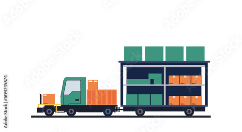 Cargo truck with open trailer carrying boxes in flat design style