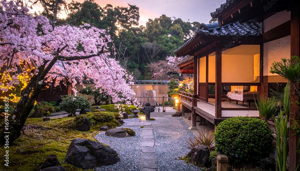 Obraz premium Peaceful Japanese garden at twilight with cherry blossoms