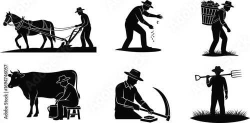 Traditional Farming Silhouettes in Varied Agricultural Poses with Tools and Animals on White Background for Education and Design Content