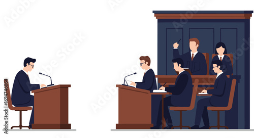 Courtroom setting with people engaged in a trial