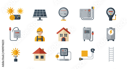 Renewable energy icons: solar panels, smart meters, and home systems