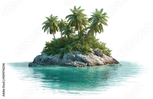 Rocky tropical island with palm trees and turquoise water, isolated on transparent cutout background