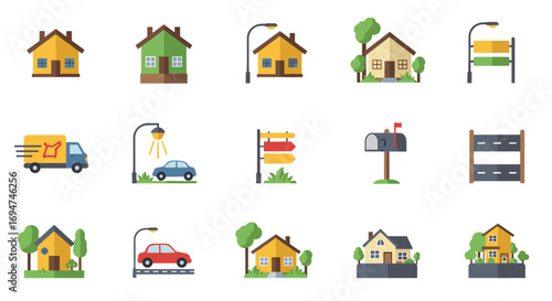 Charming neighborhood icons collection featuring houses, trees, vehicles, signs, and mailbox in flat design style
