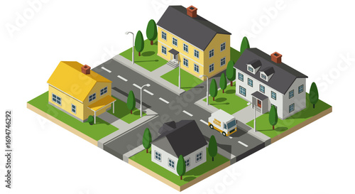 Isometric suburban neighborhood with colorful houses and streets