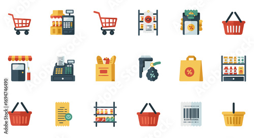 Essential shopping and packaging icons in flat design for retail and grocery themes