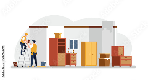Home interior renovation with furniture assembly and painting