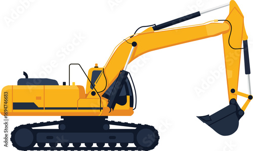 Yellow excavator with a black bucket and treads, depicted in a flat, vector style on a white background.