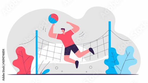 A dynamic scene captures a volleyball player in mid-air as they execute a spike over the net. The vibrant colors of the athlete's attire contrast with the simplistic background.AI