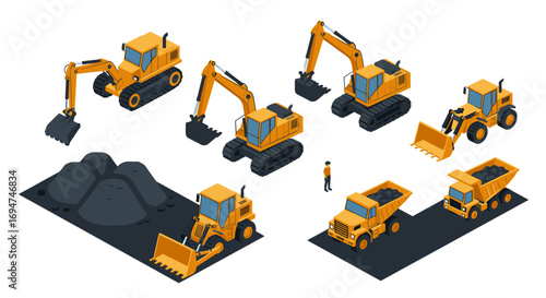 Construction machinery set with excavators and dump trucks in isometric style
