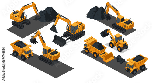 Construction equipment isometric design featuring excavators and dump trucks in action