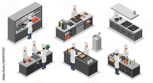 Isometric chef scene in modern kitchen: culinary preparation and cooking activities