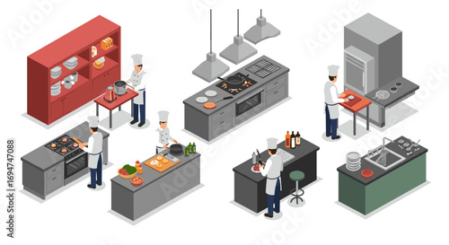 Culinary team in isometric commercial kitchen with chefs preparing food