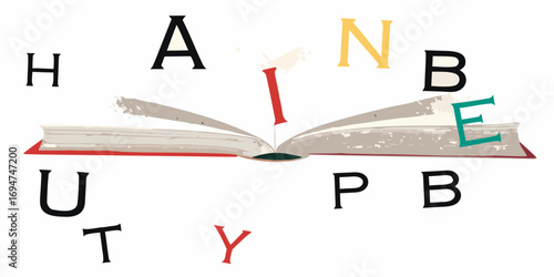 Open book with scattered letters forming words like beauty and hope representing knowledge and learning