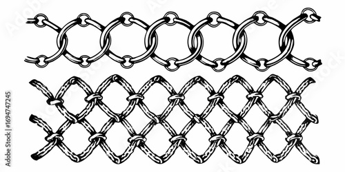 Two different styles of woven metal mesh patterns shown side by side in a black and white illustration