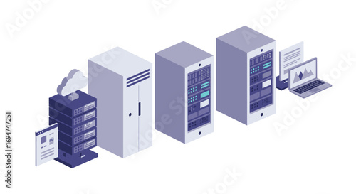 Modern isometric data center with cloud and computing equipment design
