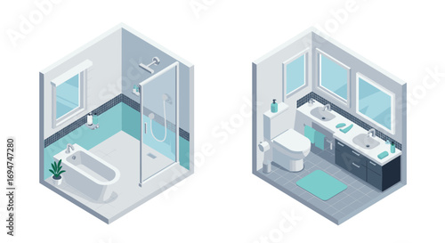 Modern isometric bathroom design with bathtub and double sink