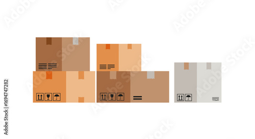 Colorful cardboard packaging boxes with shipping symbols in a flat design