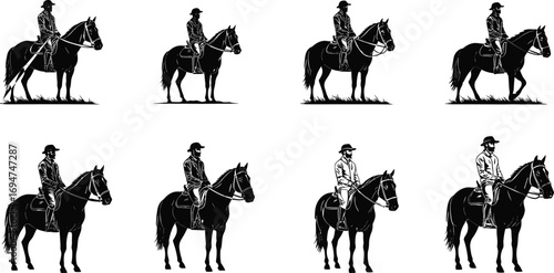 Western Horse Rider Silhouettes in Six Stylized Poses Featuring Hats and Upright Postures for Cultural, Sports, and Design Content