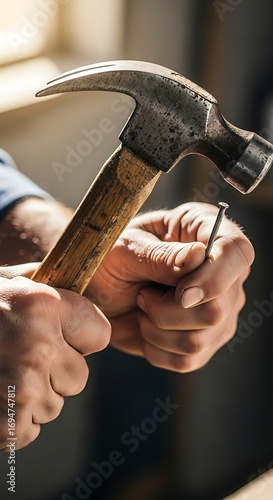 Close-up view of a person's hands holding a hammer, driving a nail into wood.  The focused image displays the precise action and tools used in woodworking.