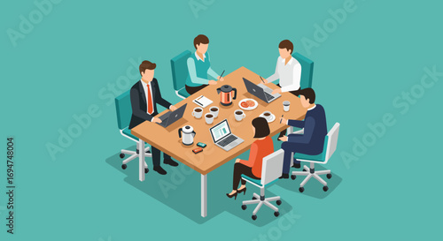 Collaborative office meeting with diverse team working on laptops around a modern conference table