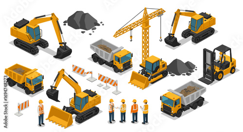 Construction equipment and workers isometric set with trucks, excavaters, and crane