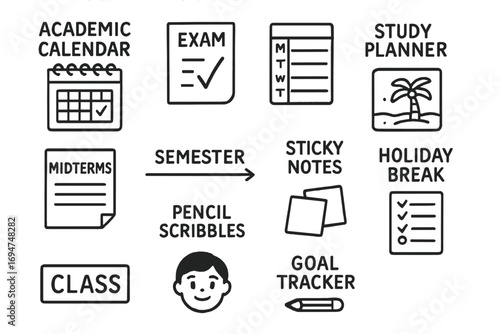 Academic Doodle Set. Academic calendar doodle icon set: hand drawn icons of school dates, exam symbol, study planner, midterms