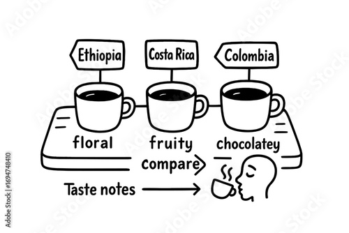 Coffee Tasting Doodles. Coffee flight: hand drawn doodles of tray with small cups, bean origin tags, taste notes, compare arrows,