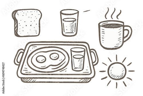 Breakfast Doodles Art. Breakfast with coffee: hand drawn doodles of toast, eggs, orange juice, steaming mug, tray, and morning