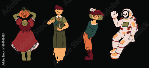 Cute cartoon characters collection in Halloween style. Hand-drawn vector illustration