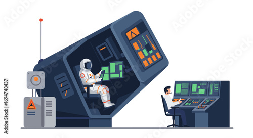 Futuristic space mission control with astronaut and operator