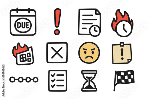 Deadline Doodle Icons. Deadline tracking doodle icon set: hand drawn icons of due date icon, red exclamation mark, paper with