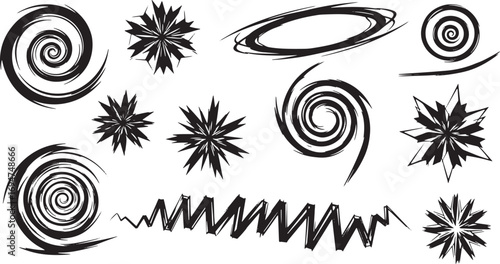 Abstract collection of black ink brush strokes, hand-drawn spirals, starbursts, and scribbles for graphic design