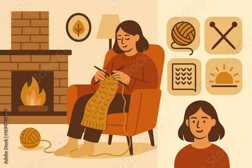 Cozy Knitting by Fireplace. Modern vector panel showing girl knitting by fireplace and handmade icon set for yarn, needles,