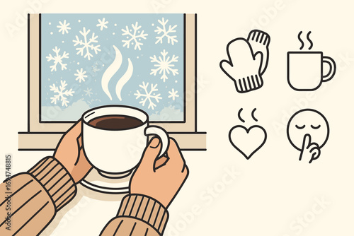 Cozy Winter Morning. Vector layout showing hands holding tea cup by frosted window and comfort icon set for wool mittens, ceramic